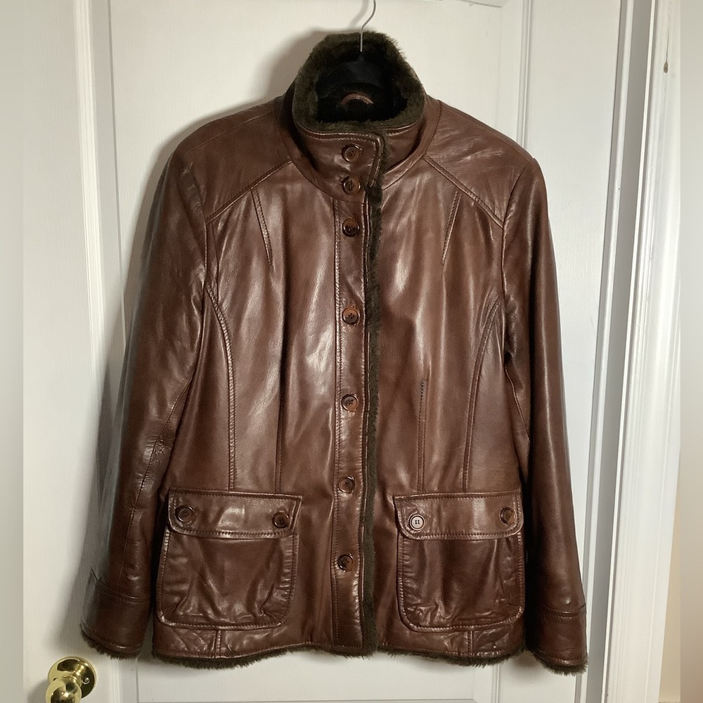 Danier Chocolate Leather Faux Fur Lined Jacket
